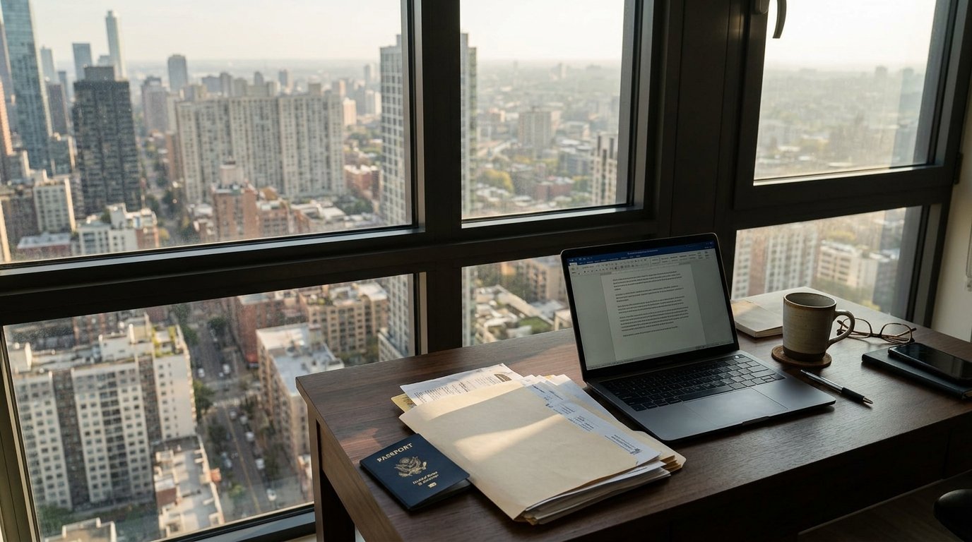Desk with laptop and passport for scholarship application