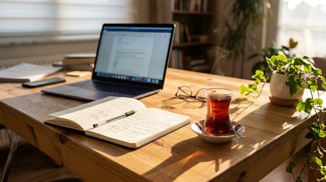 Desk with laptop and tea while preparing a motivation letter