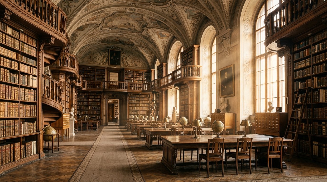 Historic university library interior in Hungary