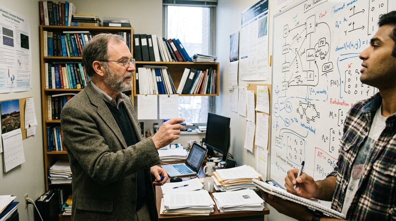 Researchers discussing PhD research at a whiteboard