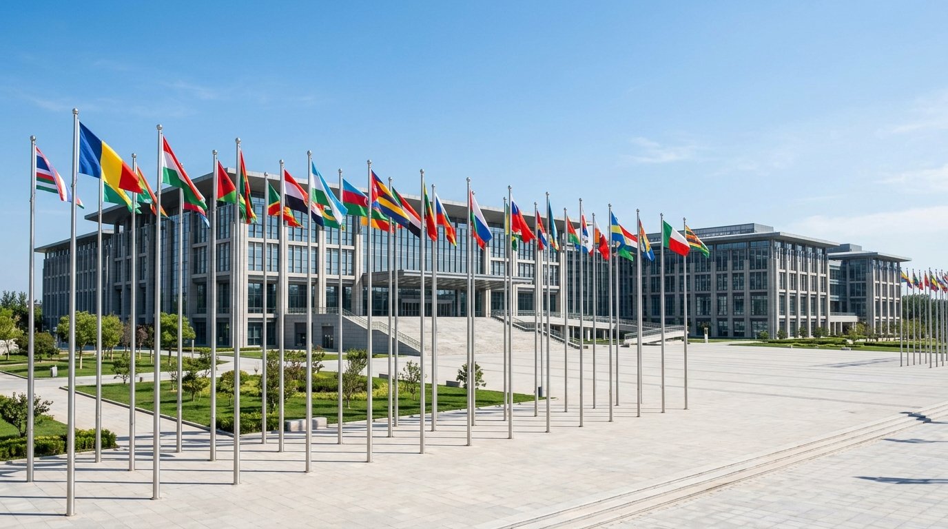 Organisation building with flags