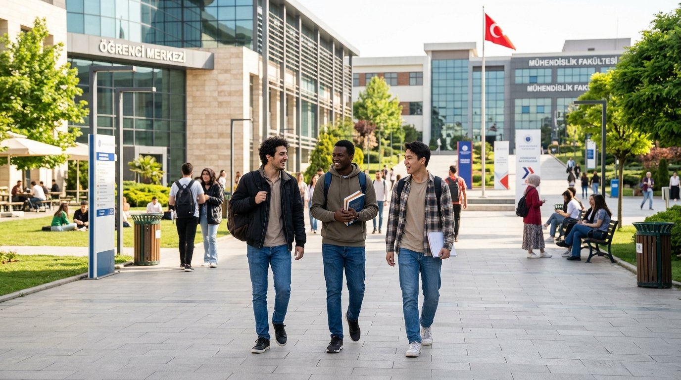 Students walking across a university campus in Türkiye